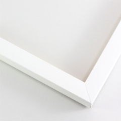 This simple frame features a flat, satin White finish. 

.75 " width: ideal for small to medium artwork. The clean modern lines of this frame make it the perfect fit for a wide variety of paintings, photos and giclee prints.