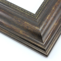 This lightweight, stylish frame features a wide, reverse scoop profile finished with coppered brown accents.  The beaded inner lip and bevelled outer edge create a simple elegance.

3 " width: ideal for large or oversize images.  Border bold oil paintings or prints, or fine art photographs.