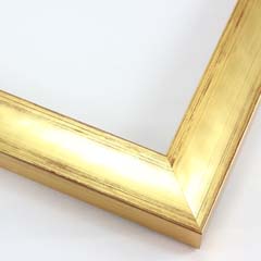 This glossy gold frame has a subtle scoop face with bronze distressed scratching on the outer edges. The drop edge is the same gold-foil as the face.

1-1/8 " width: ideal for small to medium size artwork. Oil or acrylic paintings, or simple portrait photographs will get a high-fashion pop from this frame.