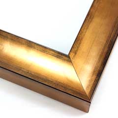 This glossy bronze frame has a subtle scoop face with black distressed scratching on the outer edges. The drop edge is the same gold-foil as the face.

1-1/2 " width: ideal for small, medium, or large-size artwork. Oil or acrylic paintings, or simple portrait photographs will get a high-fashion pop from this frame.