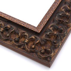 This ornate, intricate frame features a bold relief design in a matte, mottled gold and black. The raised, roughly textured inner lip is in a similar shade.

2.75 " width: ideal for large images.  Select a strong piece of artwork to avoid having it overpowered by this decadent frame.