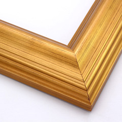 This high swan profile wood frame features a reverse slope and 1.5 " maximum depth.  The gentle ridges are encased in glossy gold foil, and gentle distressing reveals a burnished, deep red undercoat.  It is an elegant but simple design.

2.5 " width: ideal for medium and large images.  Pair with old, grayscale portraits and bold paintings or Giclée prints.