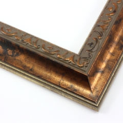 This classic, Victorian-style frame features a solid wood, reverse scoop profile.  The relief-detailed inner lip and sloped face are a mottled bronze foil, edged in a subtle bevel.

2 " width: ideal for medium size images. Border an acrylic or oil painting or print with this antiqued, high fashion frame.