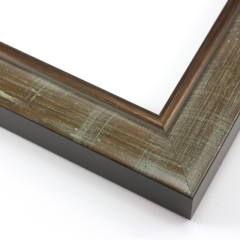 This steeply curved wood frame features a walnut wash brushed with cream-colour crosshatching. The natural wood grain is evident throughout, and the inner lip is defined with muted bronze foil.

1.75 " width: ideal for medium images. This highly versatile frame will suit a wide selection of photographs, paintings or giclee prints.