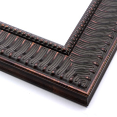 This ornate, geometric frame features a horizontal line design across the scooped face, covered in a subtly mottled bronze foil.  Distressing along the insides of the decorative relief creates an antique look.

2.5 " width: ideal for medium to extra large images. Border a big photograph, or classic oil painting or Giclée print with this old fashioned, stylish frame.