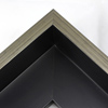 This Large, L-shaped floating contemporary canvas frame in matte black features a thin brushed silver face.

*Note: These solid wood, custom canvas floaters are for stretched canvas prints and paintings, and raised wood panels.