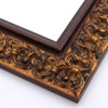 This ornate, intricate frame features a bold relief design in black-mottled, antique gold foil.  The raised inner lip is a roughly textured, matte gold-brown.

2.75 " width: ideal for large images.  Select a strong piece of artwork to avoid having it overpowered by this decadent frame.